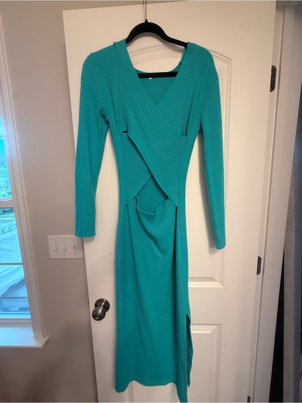 Aranbess Women’s Teal Long Sleeve Wrap Front Midi Dress